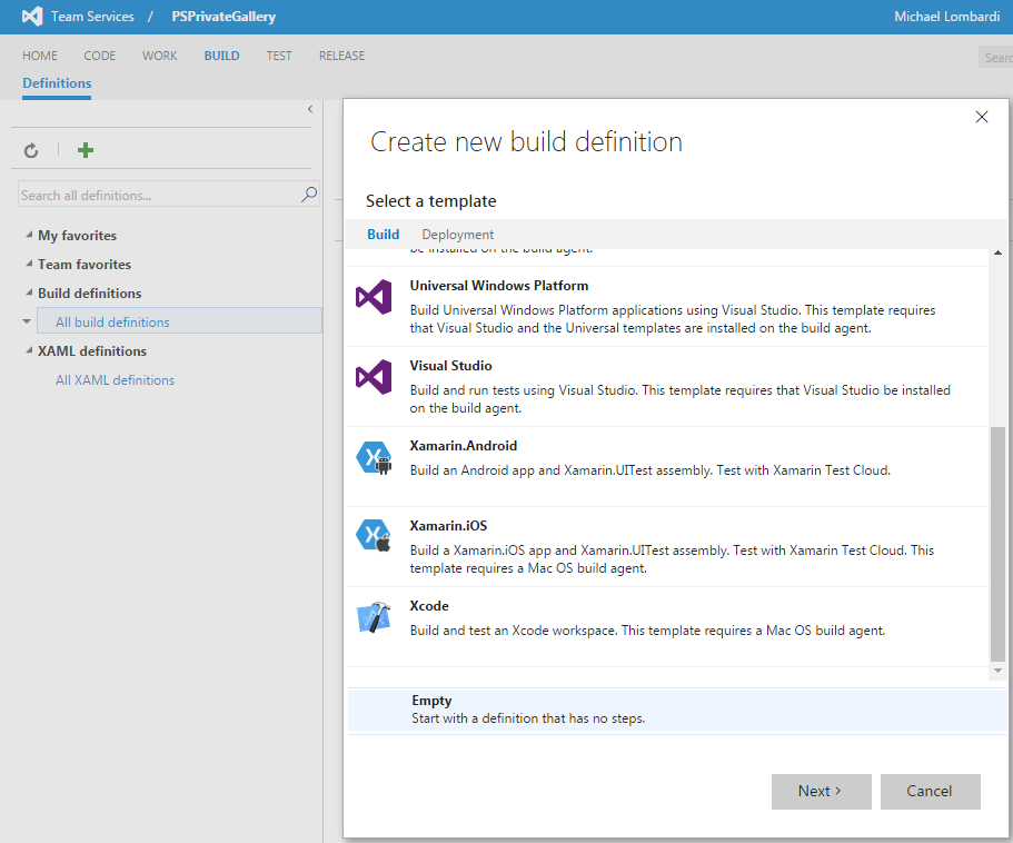 Creating a new build definition