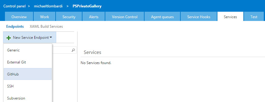 Selecting the Github Service Endpoint in VSTS